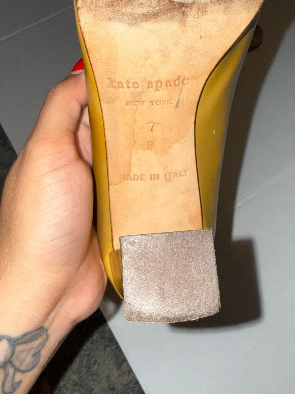 kate spade Mustard Yellow Block Heel Pumps with Red Insole - Picture 3 of 4